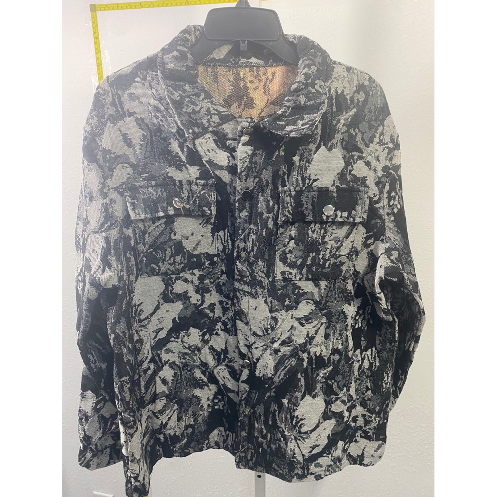 MANFINITY Mens Jacquard Tapestry Jacket Black Grey Floral Abstract Shirt Jacket